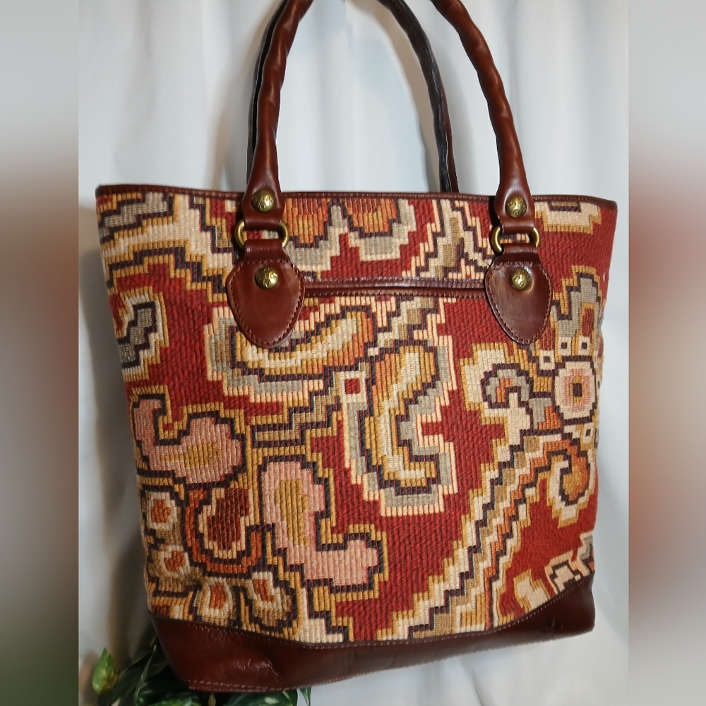 Vintage PATRICIA NASH  Peruvian Tapestry and Leather Sungaro Tote Bag